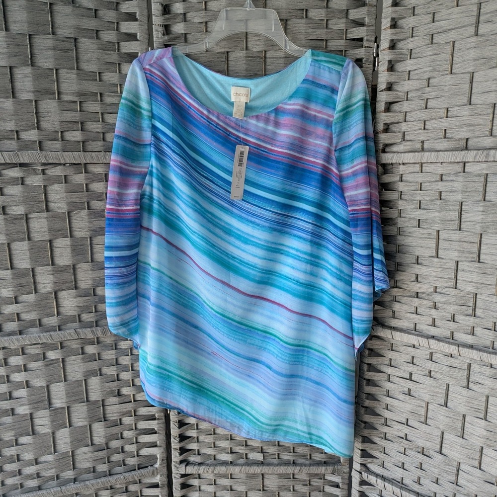 Chico's Asymmetrical Tunic Blue Stripe Chiffon Butterfly‎ Sleeve 1P (M) Artsy